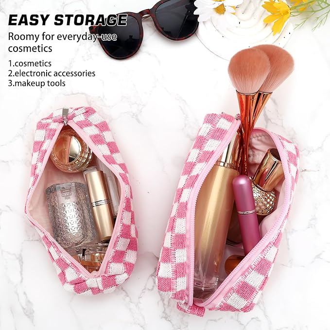 ZLFSRQ 2Pcs Checkered Pencil Case Cute Pencil Pouch for Teens Pink Checkered Makeup Bag Travel Cosmetic Bag Set Cute Preppy Makeup Pouch for Purse Portable Zippered Skincare Toiletry Bags Organizer