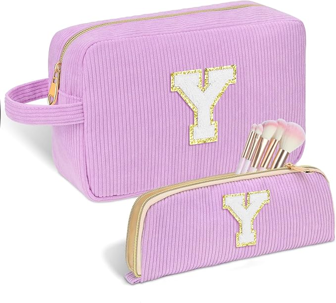 Personalized Initial Makeup Bag Trendy Stuff Corduroy Cosmetic Bag Travel Toiletry Bag for Women, Christmas/Thanksgiving/Halloween Gifts Makeup Organizer Case for Teen Girls Mom Girlfriend Wife.
