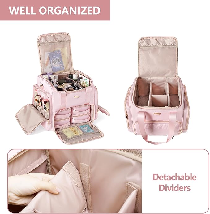 Rolling Makeup Case with 4 Removable Bags, Professional Makeup Train Case with Wheels, Makeup Artist Travel Bag with Brushes Storage Section, Pink (Patent Design)