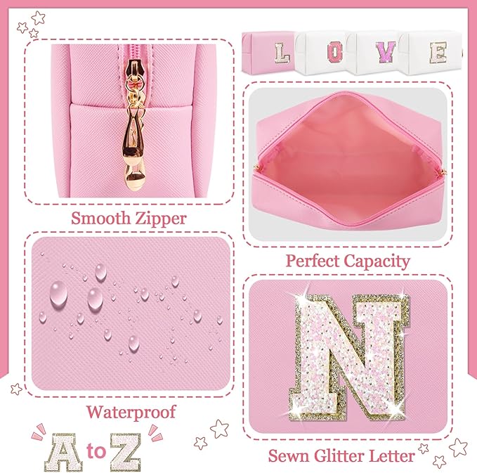 Personalized Initial Letter Makeup Bag, Small Glitter Letter Patch Cosmetic Pouch Zipper, Preppy Makeup Organizer PU Waterproof Travel Toiletry Bag, Monogrammed Birthday Gift for Women Girls