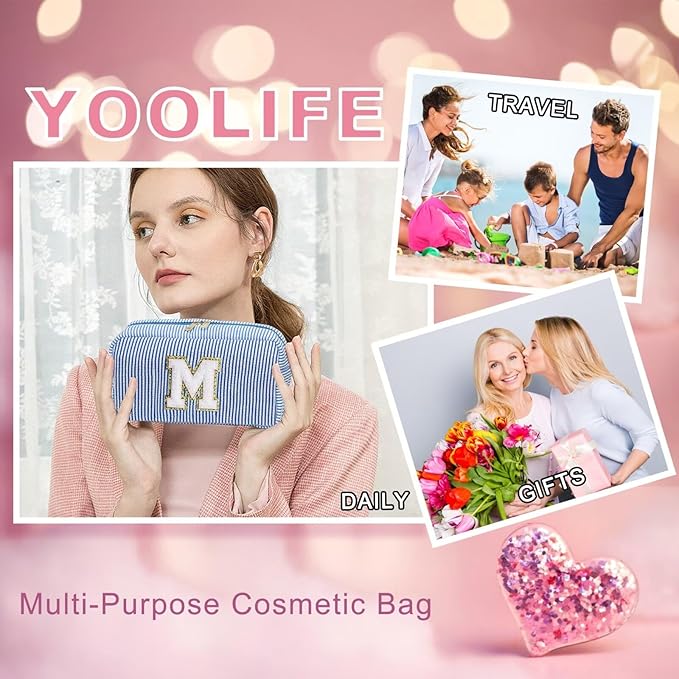 YOOLIFE Initial Makeup Bag for Women - Monogram Cute Blue Makeup Bag Cosmetic Toiletry Pouch Make Up Case for Women Her Best Friend Friendship Sister Teacher, Personalized Birthday Gifts for Women H