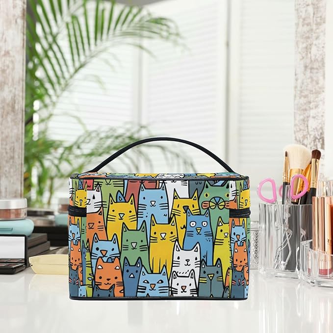 MNSRUU Makeup Bags, Cute Cat Makeup Organizer Bags Toiletry Bag Box Travel Cosmetic Bag Make Up Train Case for Women Teen Girl Ladies