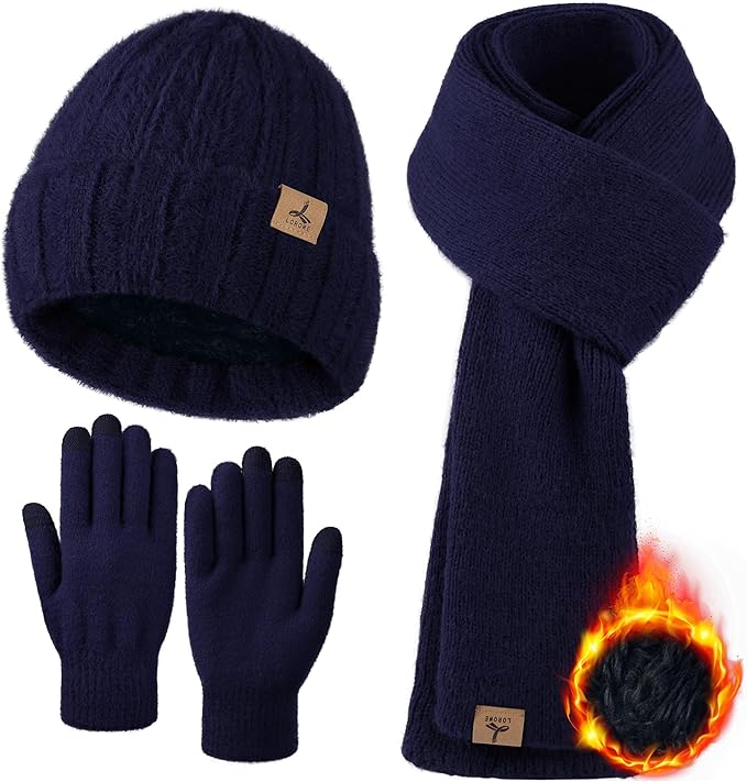Winter Beanie Hat Scarf Gloves, Warm Fleece Knit Hat Long Scarf Neck Warmer Touch Screen Winter Gloves Set Gifts for Women