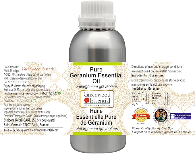 Greenwood Essential Pure Geranium Essential Oil (Pelargonium graveolens) Steam Distilled 300ml (10.1 oz)