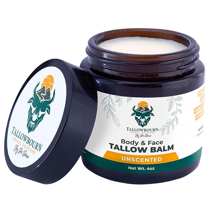 Dr. Dave's Primal Essence Grass Fed Beef Tallow Balm for Face and Body with Shea Butter, Organic Jojoba Oil, Honey, and Beeswax – Beef Tallow for Skin – Unscented Balm – 4 oz