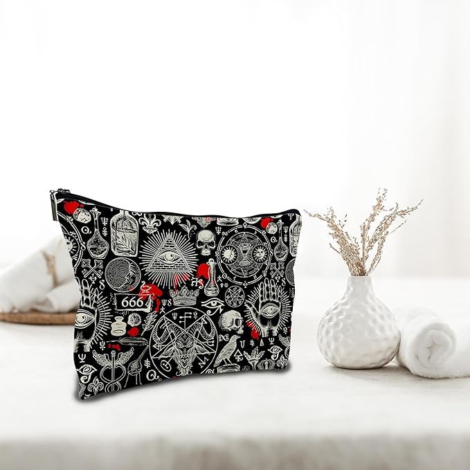 Nogrit Gothic Black Makeup Bag, Halloween Gifts for Women, Retro Small Cosmetic Bag for Purse, PU