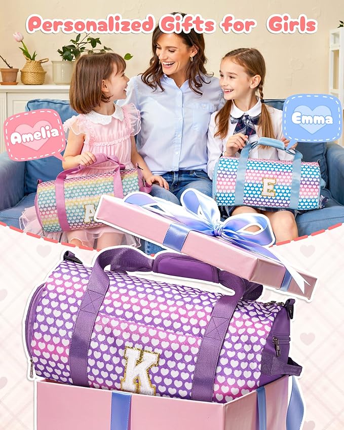 Gifts for 4 5 6 7 8 Year Old Girl, Girls Travel Duffel Bag, Kids Initial Overnight Bags with Shoe Compartment, Personalized Gym Ballet Dance Bag with Makeup Pouch, Birthday Gift (Letter C)