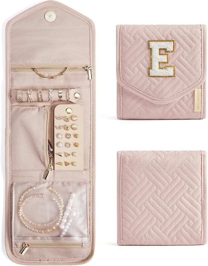 BAGSMART Travel Jewelry Organizer Case E Initial Foldable Jewelry Roll for Journey Rings, Necklaces, Earrings, Bracelets,Mini,Letter E,Soft Pink