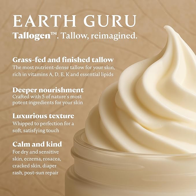 Earth Guru XL 8 OZ Whipped Beef Tallow for Skin,100% Natural Beef Tallow and Honey Balm, Face Moisturizer & Body Lotion Cream, Grass-Fed & Finished, Sebo De Res Para La Cara, Organic Olive Oil, Manuka