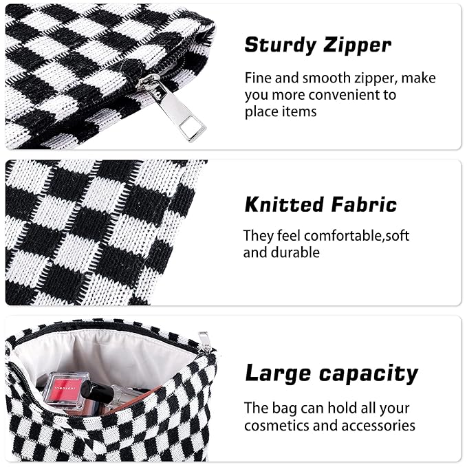 ZLFSRQ 3Pcs Checkered Makeup Bag for Women Large Small Checkered Cosmetic Bag Set Aesthetic Preppy Pencil Case Cute Pencil Pouch Black Makeup Pouch for Purse Travel Toiletry Bags Zipper Skincare Bags
