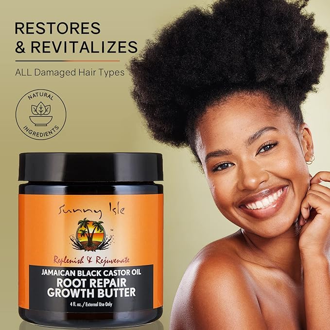 Sunny Isle Jamaican Black Castor Oil Root Repair Growth Butter 4oz | Restores & Revitalizes ALL Damaged Hair Types | Nutrient-Rich, Stimulates Hair Growth | Fights Dry, Itchy, Flaky Scalp