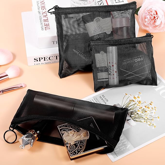 8 Pack Mini Zipper Mesh Makeup Bags, Nylon Cosmetic Bags Toiletry Purse Travel Organizer Bags Inside Bag for Office Travel Organization (Black, S)