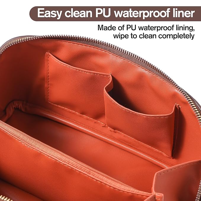 Makeup Bag, Travel Toiletry Bag for Women, Large Capacity Waterproof PU Leather Cosmetic Bags Make Up Organizer Bags with Headband and Wristband Set (Brown, Lychee Pattern)