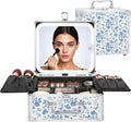 Relavel Makeup Bag with LED Mirror, Makeup Box Travel Train Case with Rechargeable Lighted Mirror, Cosmetic Brush Organizer Storage for Makeup Artists Gifts for Women and Girls, Floral Print