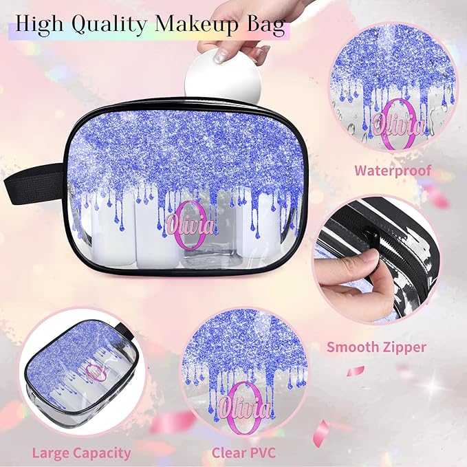 Personalized Name Clear Makeup Bag, Custom Women Transparent Cosmetic Travel Toiletry Bag Pouch Organizer for Vacation Weekend, Bright Blue Curtain Glittery