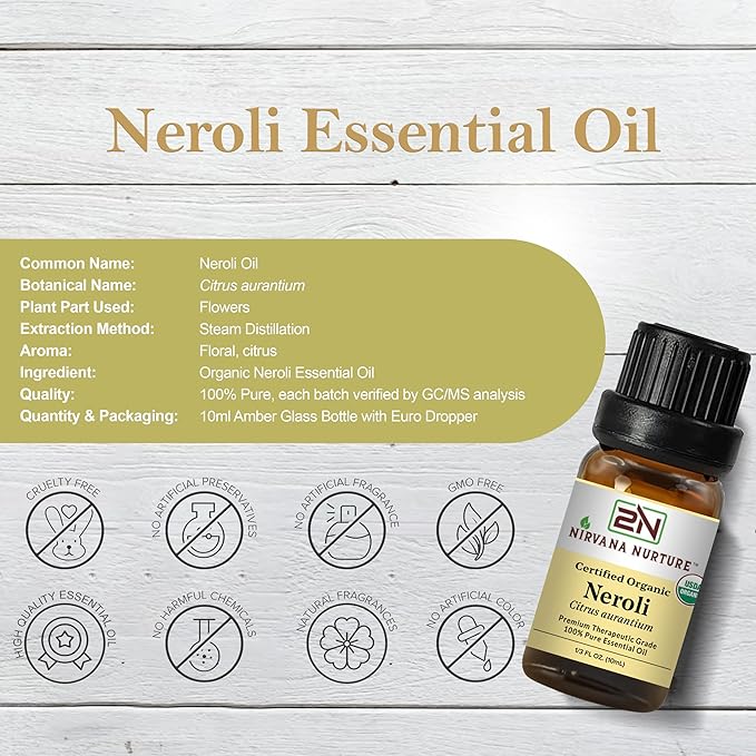 Neroli Essential Oil USDA Certified Organic, 100% Pure Natural Premium Grade, Undiluted- Aromatherapy Diffuser for Calm and Relaxation, Skin Care, Hair Care