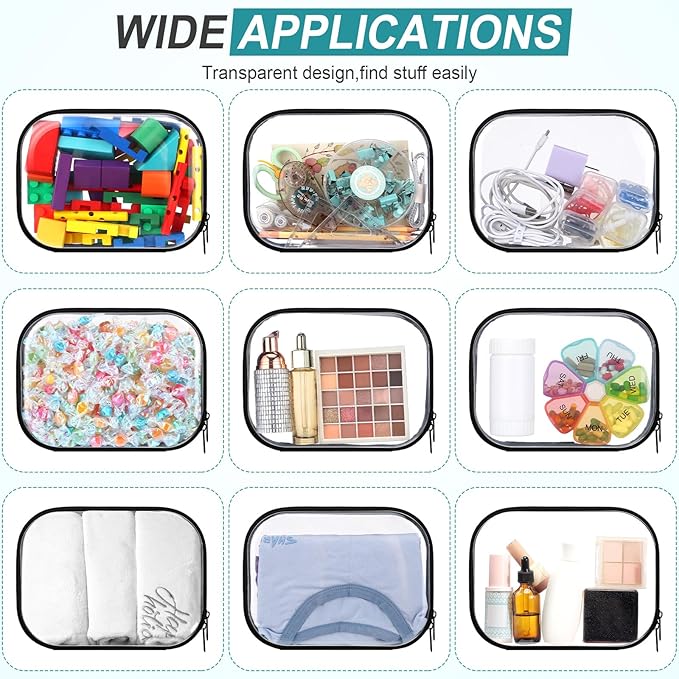 Sanwuta 6 Pcs Clear Hard Zipper Case Hard Plastic Zipper Pouches Makeup Bag Pencil Pouches Transparent Cases for Snacks Plastic Storage Organizer Box for Travel(Black,7.87 x 5.9 x 2 Inch)