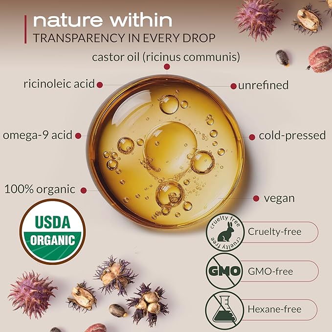 Ella & Eden Castor Oil Organic – Cold Pressed Hexane-Free Unrefined Glass Bottle - For Hair Growth, Face, Skin - USDA Certified 100% Pure – 16 Oz