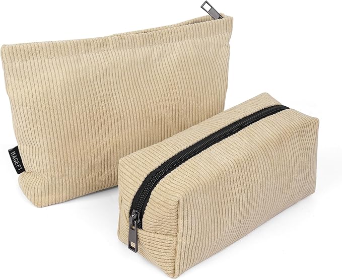 MAGEFY Small Makeup Bag, 2 PCS Corduroy Make up Bag for Purse Large Capacity Travel Cosmetic Bag for Women Zipper Makeup Pouch for Travelling Preppy Stuff - Beige