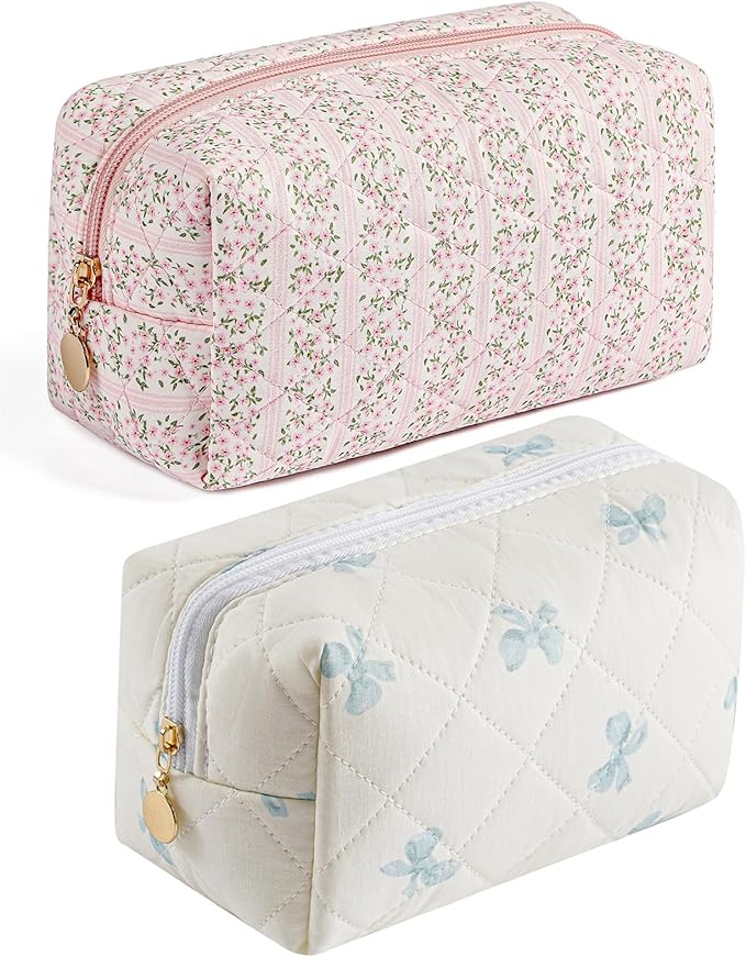 Makeup Bag Travel Cosmetic Bag for Women Girls, Zipper Make Up Pouch, Floral Flowers Toiletry Organizer Makeup, Portable Storage Cosmetic Travel Cloth Bag (Pink+Blue Bow Tie)