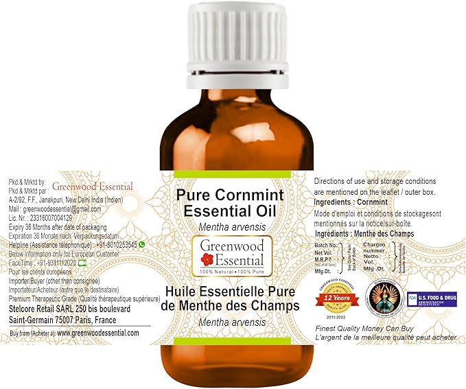 Greenwood Essential Cornmint Essential Oil (Mentha arvensis) Pure | Non-Sticky | Non-Greasy | Lightweight | Men & Women | All Skin Types | Steam Distilled 30ml (1 oz)
