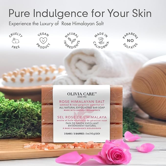 Olivia Care Exfoliating Bar Soap With Rose Himalayan Salt Natural & Organic - Infused w/Oatmeal & Rose Essential Geranium Oil - Moisturize, Detoxify, Hydrate - 3 X 5 OZ