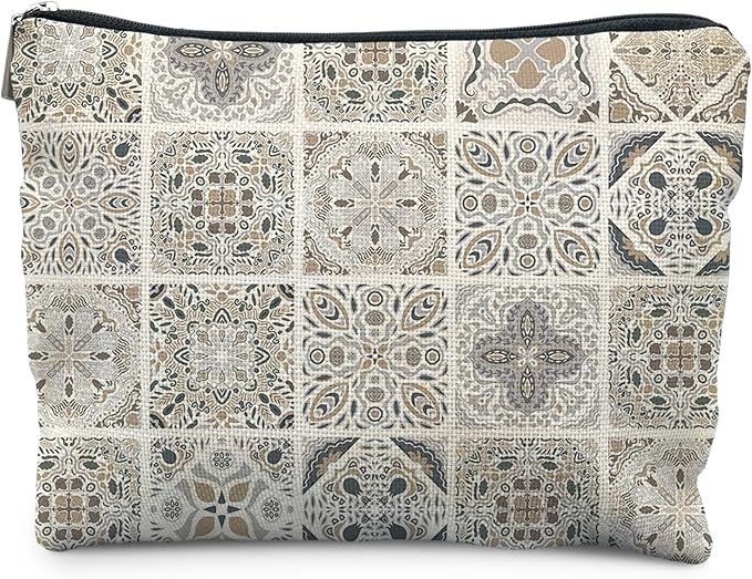 Vintage Boho Mandala Floral Makeup Bag, Ethnic Moroccan and Mediterranean Tile Cosmetic Bags for Women, Mexican Gifts for Women, Traditional Block Print Zipper Makeup Pouch