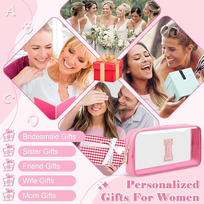 Personalized Initial Letter Clear Makeup Bag,Preppy Small Nylon&PVC Cosmetic Zipper Bag with Chenille Letter,Portable Beach Travel Skincare Toiletry Bag,Trendy Monogram Gift for Teen Girls Women,I