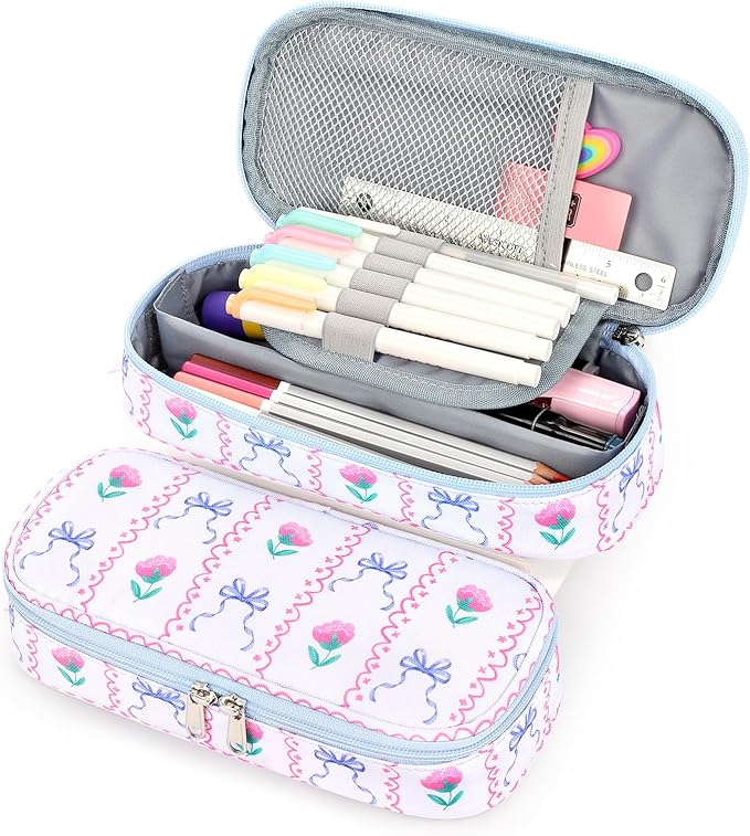 mibasies Girls Pencil Case for Kids, Multi-Slot Pencil Pouch, Bowknot Rose Sky Blue