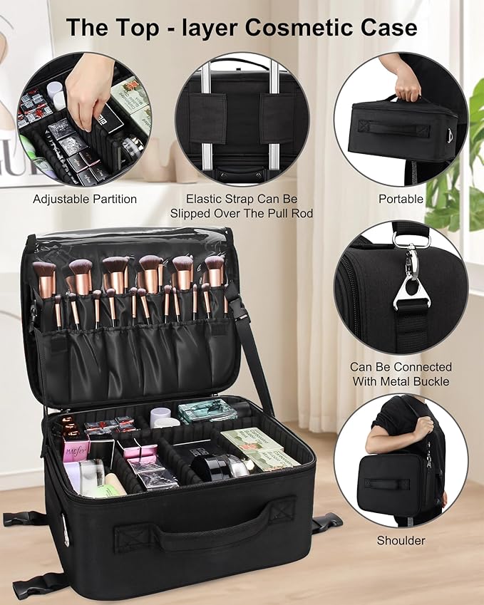 Relavel Rolling Makeup Case–Professional Makeup Train Case,Makeup Artist Travel Bag with Wheels,8-in-1 Portable Travel Beauty Trolley Case for Cosmetology Storage(Black)