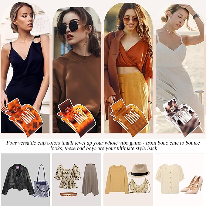 Velscrun Flat Hair Clips for Women Girls, Amber Tortoise Color Lay Flat Claw Clips, Strong Hold Large Hair Clip for Thick Hair, French Duck Billed Hair Jaw Claw Clip, Non Slip Grip for Daily Styling