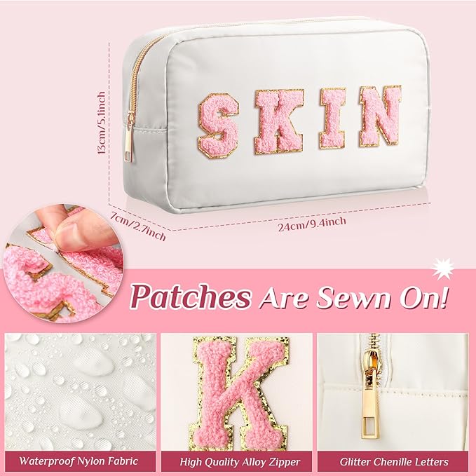 Remerry 4 PCS Nylon Cosmetic Bags Waterproof Spacious Travel Makeup Organizer for Women Chenille Letter Preppy Zipper Pouch Face Stuff Skin Hair Organizer Gift(Rose Red, Pink, Light Pink, White)
