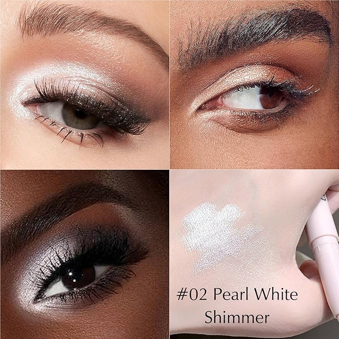 Pearl White Eyeshadow Stick, Shimmer Cream Eyeshadow Long-Lasting Eye Brightener Stick High Pigmented Glitter Highlighter Makeup Pencil Crayon with Blending Brush & Built-in Sharpener