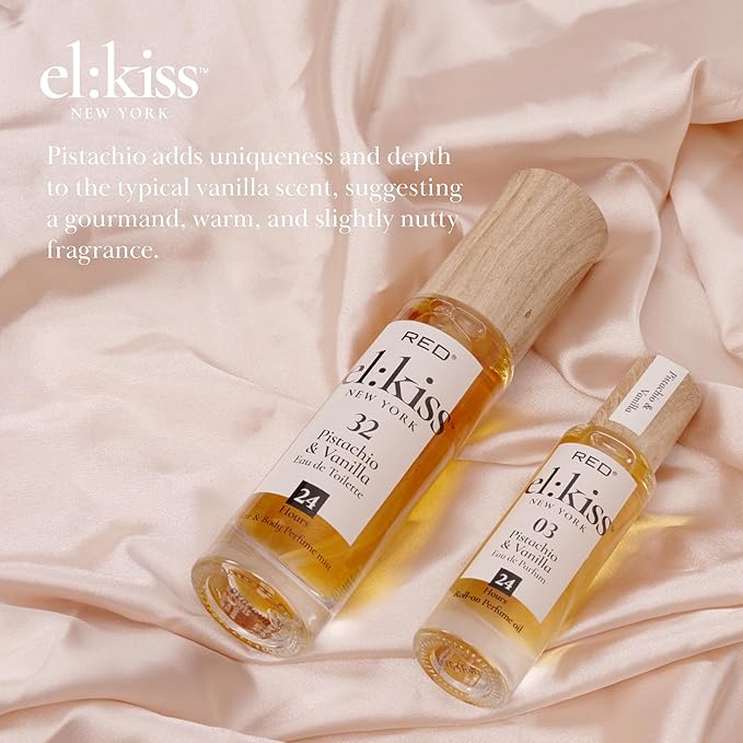 EL:KISS Roll On Perfume, Pistachio & Vanilla Inspired by SDJ 62, Eau de Parfum 12mL (.40 Fl Oz), Hydrating & Long-Lasting, Alcohol-Free & Mineral Oil-Free, With Jojoba, Argan & Coconut Oil