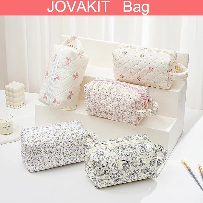 JOVAKIT Travel Makeup Bag Cosmetic Bag for Women, Christmas Gifts, Small Floral Flowers Coquette Toiletry Bag with Handle, Zipper Make Up Pouch Organizer Bag Trendy Stuff (Navy Blue Flower)