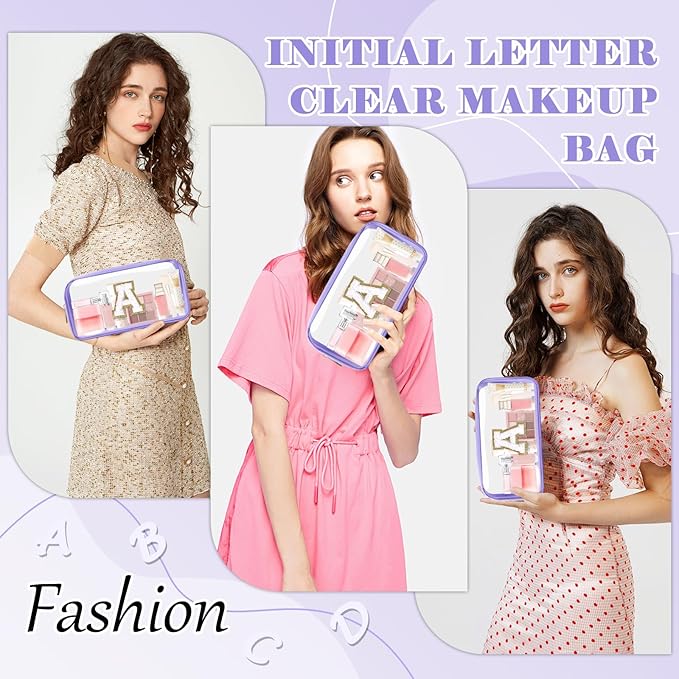 Personalized Initial Letter Clear Makeup Bag,Preppy Small Nylon&PVC Cosmetic Zipper Bag with Chenille Letter,Travel Skincare Toiletry Bag,Monogram Christmas Gift for Teen Girls Women,A