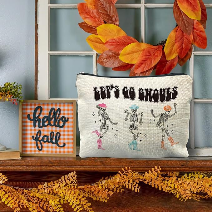 Halloween Makeup Pouch, Funny Skeleton Gothic Makeup Bag, Halloween Gifts for Women, Skull Witchy Cosmetic Pouch, Witch Stuff, Let's Go Ghouls Zipper Pouch