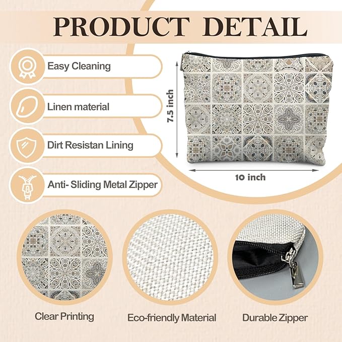 Vintage Boho Mandala Floral Makeup Bag, Ethnic Moroccan and Mediterranean Tile Cosmetic Bags for Women, Mexican Gifts for Women, Traditional Block Print Zipper Makeup Pouch