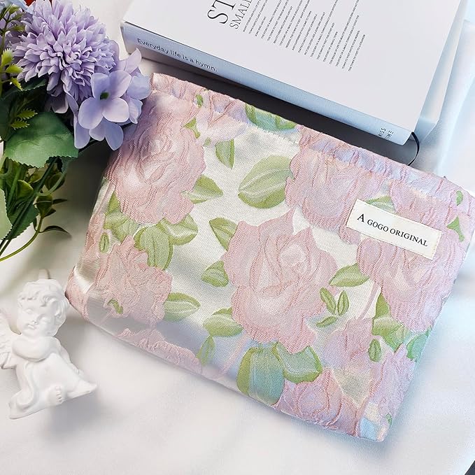 STARDW Aesthetic Floral Makeup Bag Cute Small Cosmetic Bags for Women Girls, Travel Toiletry Bag Large Capacity Zipper Makeup Pouch, Purse Organizer Pouches (Embossed Rose)