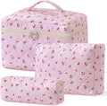 HBselect Quilted Makeup Bag, 3PCS Cotton Large Travel Makeup Bag, Cute Floral Coquette Make up Bag Cosmetic Bag Toiletry Bag for Women Girls