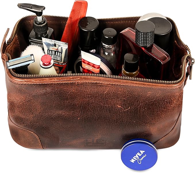 HLC Leather Toiletry Bag for Men - Premium Genuine Leather Dopp Kit Shaving Kit Organizer Travel Kit Pouch Bag - Large Size - Rustic Brown