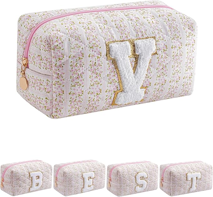 JOVAKIT Alphabet Makeup Bag Cosmetic Bag for Women, Christmas Gifts for Girls Age 6-18, Floral Flowers Coquette Travel Toiletry Zipper Make Up Pouch Organizer Trendy Stuff (Pink Floral V)