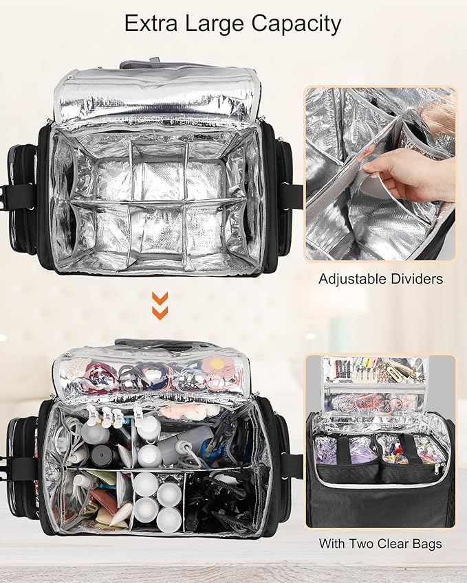 Relavel Rolling Makeup Train Case with Large Makeup Case, Hairstylist Traveling Bags with 5 Small Clear Bags, Cosmetology Case on Wheels, Hair Tools and Cosmetics Storage Organizer Trolley Suitcase