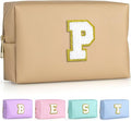TOPEAST Personalized Makeup Bag, Chenille Letter Pouch Cosmetic Bag w Zipper, PU Leather Waterproof Toiletry Bag, Bridal Shower Gifts for Bridesmaids, Cute Stuff for Girls (Khaki P)