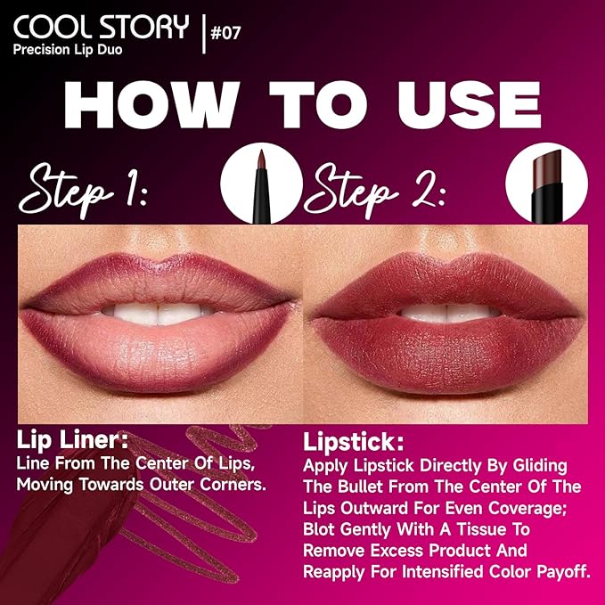 COOL STORY 2 Piece Lip Liner and Lipstick Set, Long Lasting Formula, Professional Makeup Kit (07)