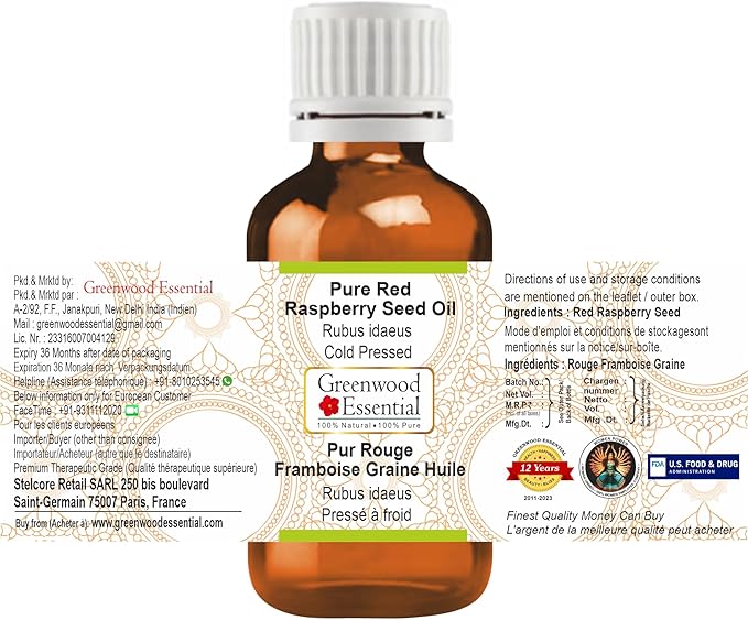Greenwood Essential Red Raspberry Seed Oil (Rubus idaeus) | Cold Pressed | Natural | Undiluted | For Diluting Essential Oils | For Hair, Skin & Massage | Men & Women | 15ml (0.50 oz)