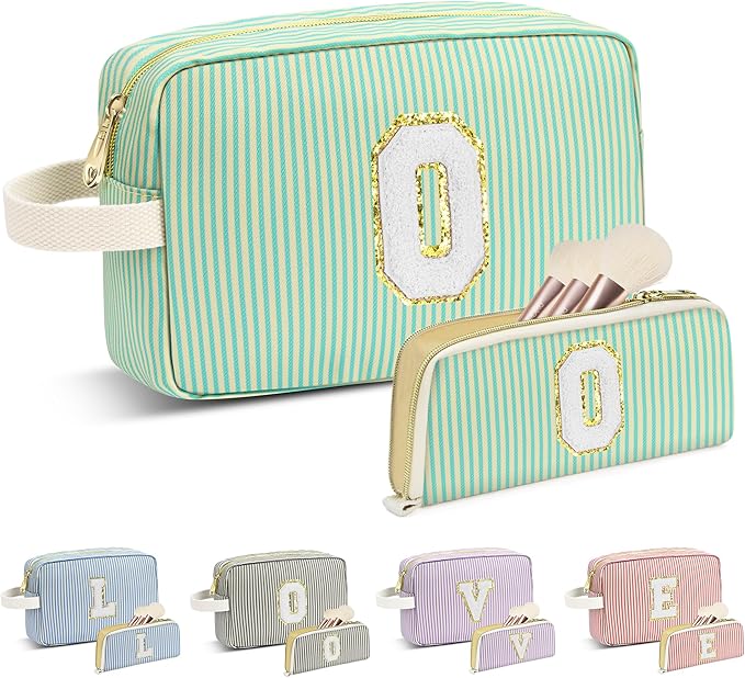Travel Makeup Bag Christmas Gifts for Women Girl Teens, Personalized Initial Makeup Bag for Cute Teen Girls, Preppy Stuff Toiletry Bag Cosmetic Bag, Teen Girls Gift Trendy Stuff, Letter O