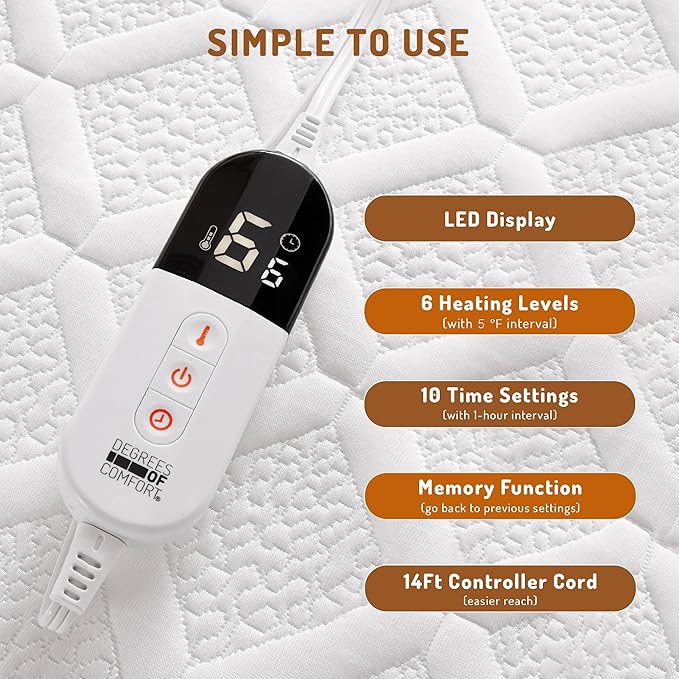 Twin Size Heated Mattress Pad - Degrees of Comfort Electric Bed Warmer with Single Controller, 6 Heating Levels, 10-Hour Auto Shut-Off, Breathable Air-Layer, 39"x75"