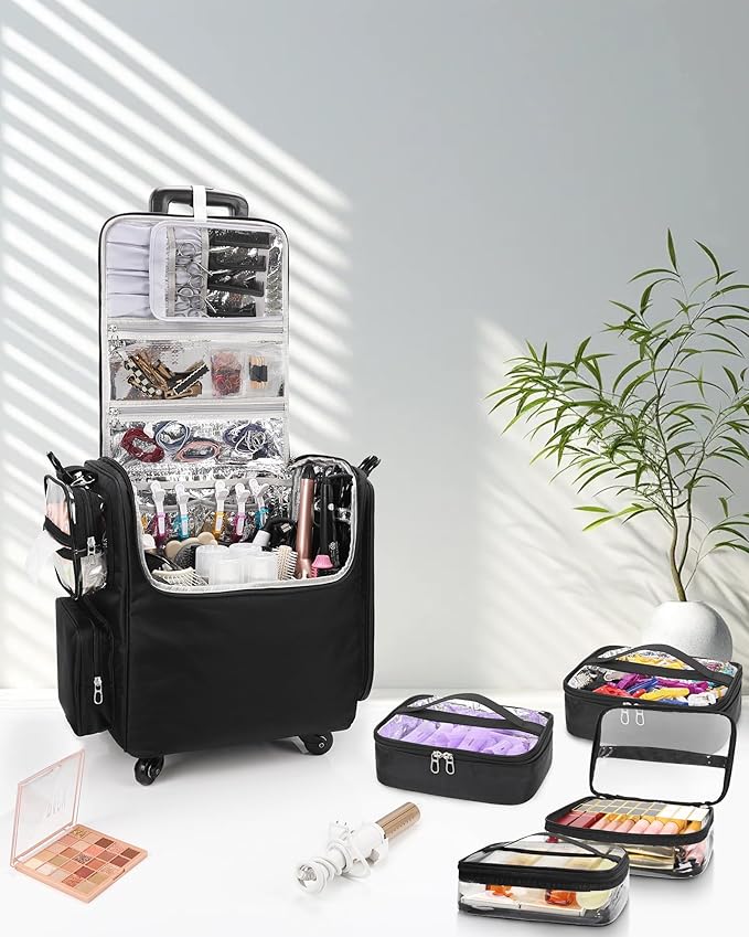 Relavel Rolling Makeup Train Case with 4 Pcs Clear Makeup Bags, Hairstylist Traveling Bag with 4 Wheels, Heat Insulation Full Layer, Adjustable Dividers, Hair Tools and Cosmetics Storage Organizer