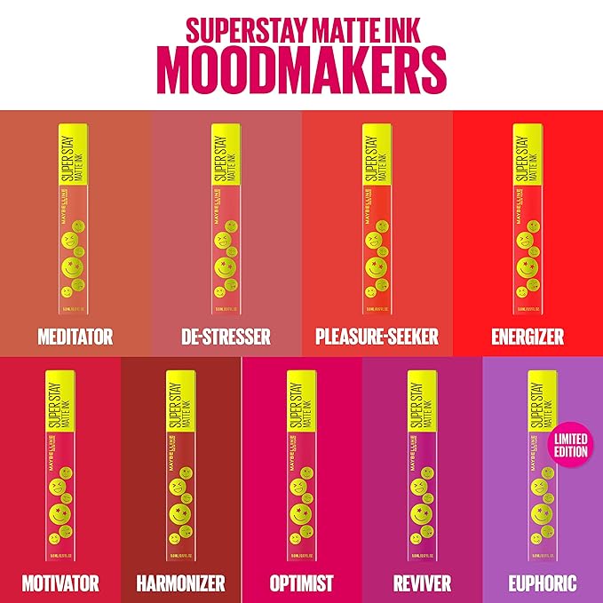 Maybelline Super Stay Matte Ink Liquid Lip Color, Moodmakers Lipstick Collection, Long Lasting, Transfer Proof Lip Makeup, Pleasure Seeker, Red, 1 Count